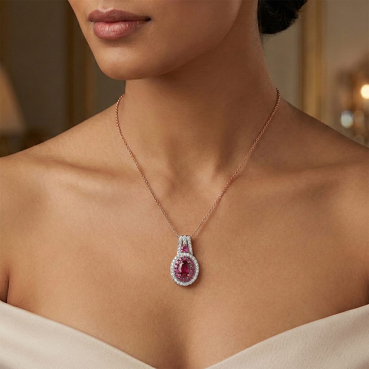 D'Joy Premium Orissa Rhodolite Garnet and Moissanite 2.00 ctw Wine Fire Halo Pendant Necklace in 18K Vermeil Rose Gold Over Sterling Silver 20 Inches  image number 2