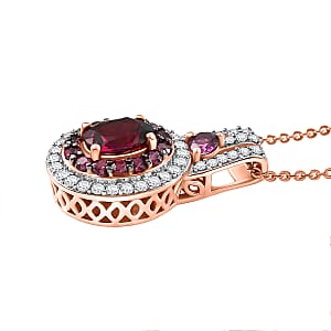 D'Joy Premium Orissa Rhodolite Garnet and Moissanite 2.00 ctw Wine Fire Halo Pendant Necklace in 18K Vermeil Rose Gold Over Sterling Silver 20 Inches 
