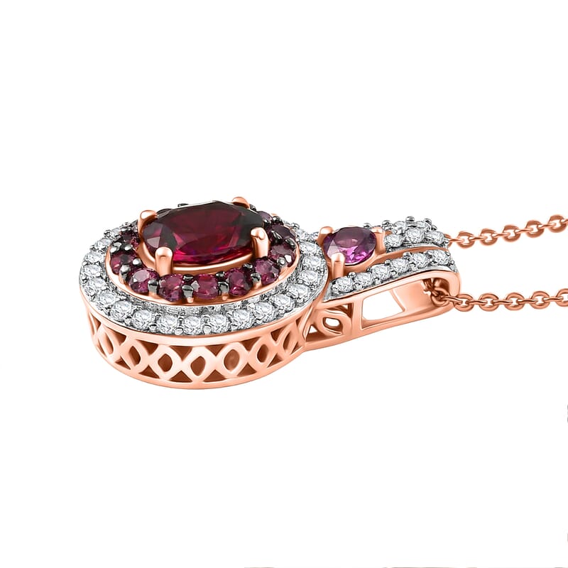 D'Joy Premium Orissa Rhodolite Garnet and Moissanite 2.00 ctw Wine Fire Halo Pendant Necklace in 18K Vermeil Rose Gold Over Sterling Silver 20 Inches