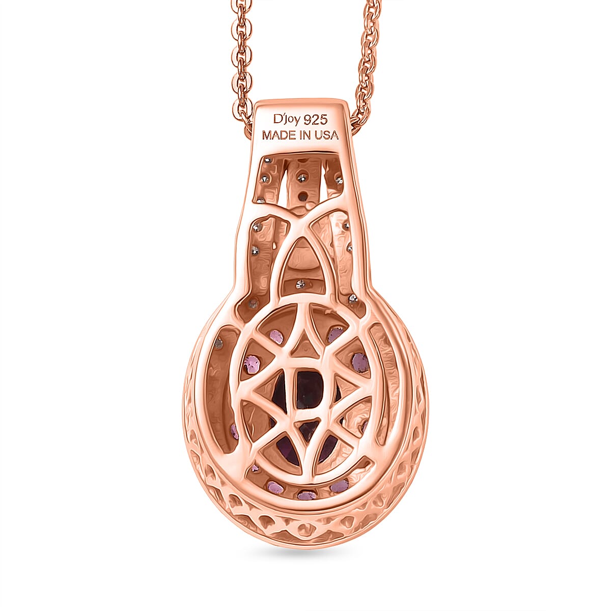 D'Joy Premium Orissa Rhodolite Garnet and Moissanite 2.00 ctw Wine Fire Halo Pendant Necklace in 18K Vermeil Rose Gold Over Sterling Silver 20 Inches