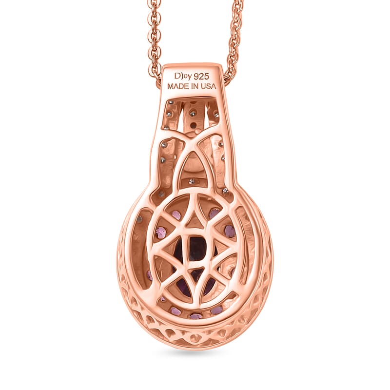 D'Joy Premium Orissa Rhodolite Garnet and Moissanite 2.00 ctw Wine Fire Halo Pendant Necklace in 18K Vermeil Rose Gold Over Sterling Silver 20 Inches