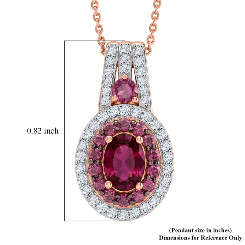 D'Joy Premium Orissa Rhodolite Garnet and Moissanite 2.00 ctw Wine Fire Halo Pendant Necklace in 18K Vermeil Rose Gold Over Sterling Silver 20 Inches