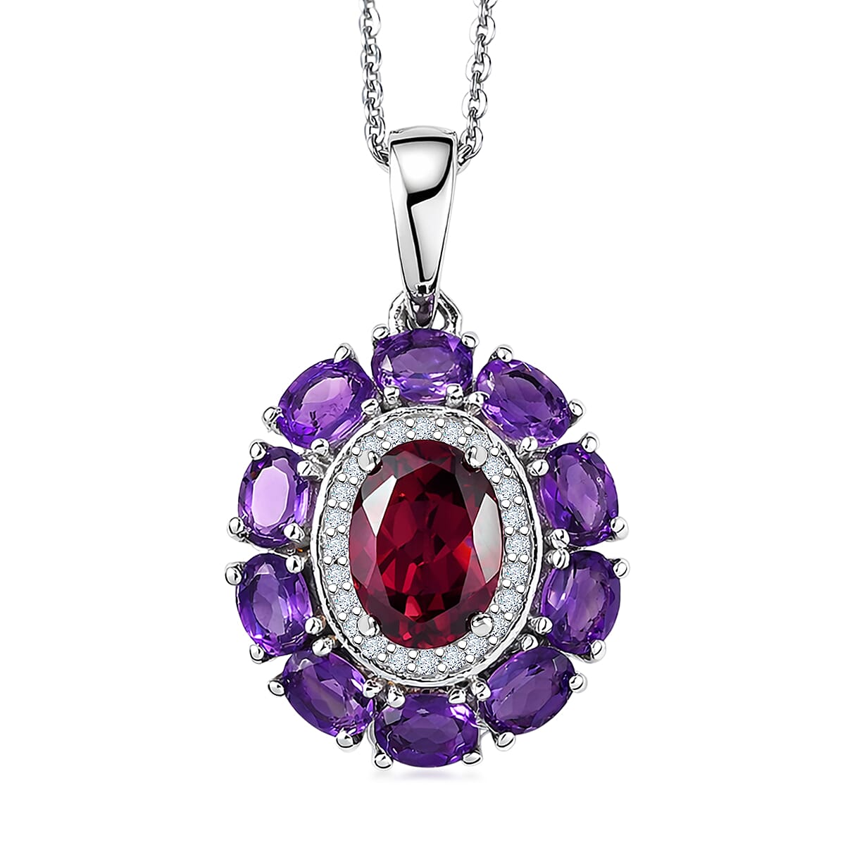 D'Joy Premium Orissa Rhodolite Garnet and Multi Gemstone 3.25 ctw Velvet Blossom Pendant Necklace in Rhodium Over Sterling Silver 20 Inches