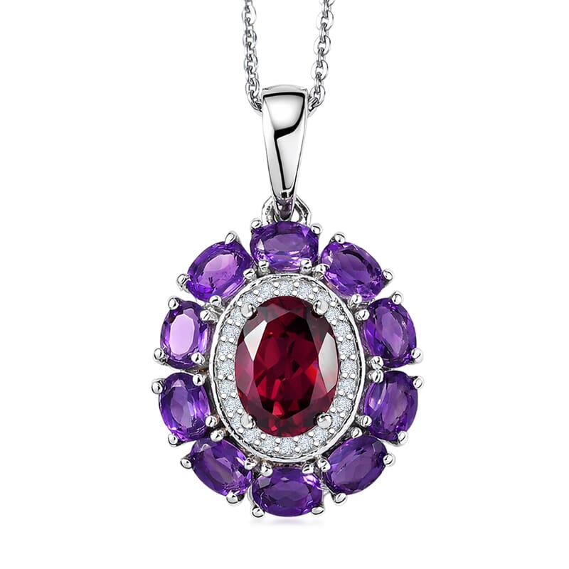 D'Joy Premium Orissa Rhodolite Garnet and Multi Gemstone 3.25 ctw Velvet Blossom Pendant Necklace in Rhodium Over Sterling Silver 20 Inches