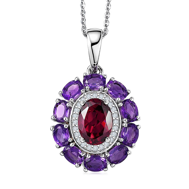D'Joy Premium Orissa Rhodolite Garnet and Multi Gemstone 3.25 ctw Velvet Blossom Pendant Necklace in Rhodium Over Sterling Silver 20 Inches