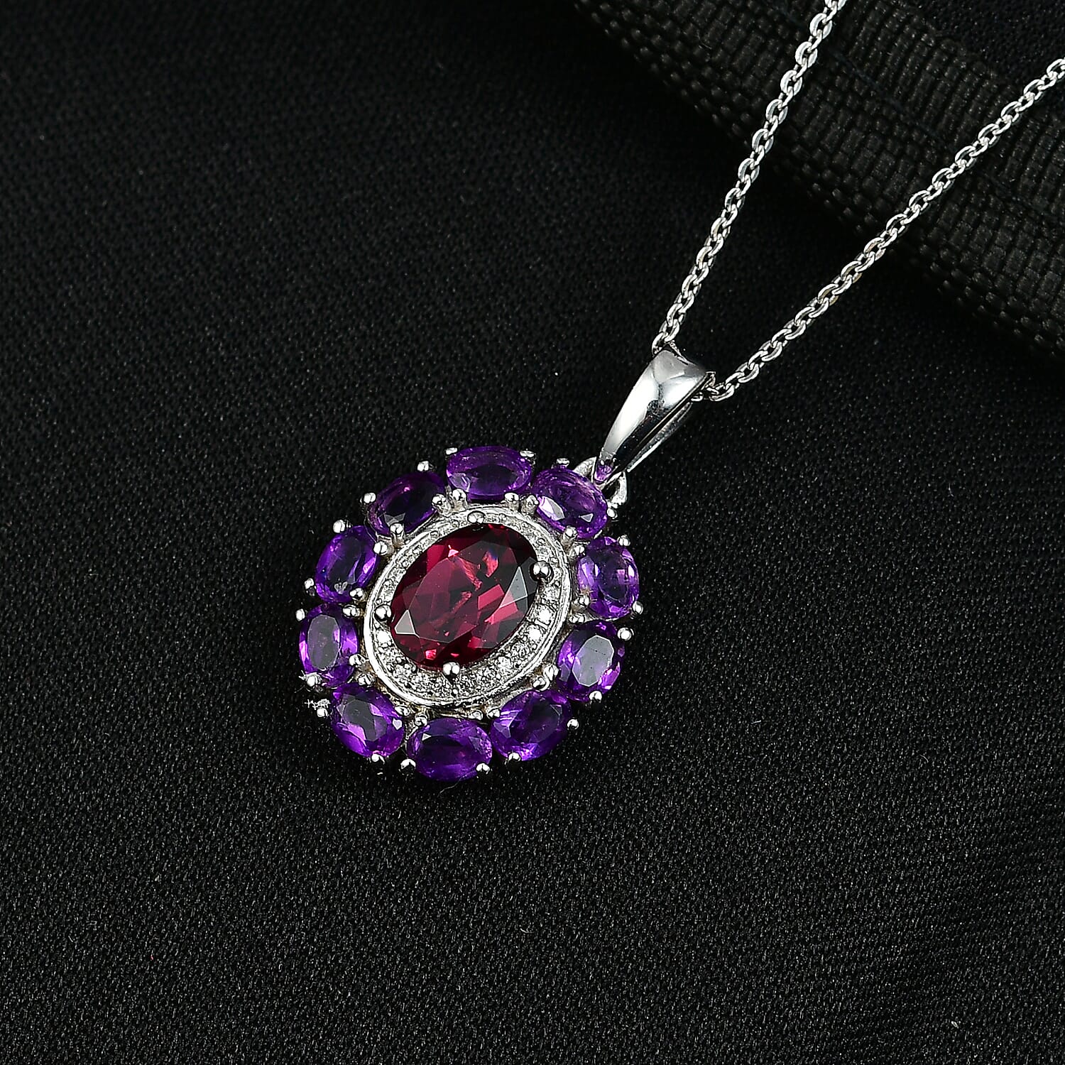 D'Joy Premium Orissa Rhodolite Garnet and Multi Gemstone 3.25 ctw Velvet Blossom Pendant Necklace in Rhodium Over Sterling Silver 20 Inches