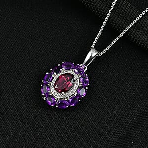 D'Joy Premium Orissa Rhodolite Garnet and Multi Gemstone 3.25 ctw Velvet Blossom Pendant Necklace in Rhodium Over Sterling Silver 20 Inches 