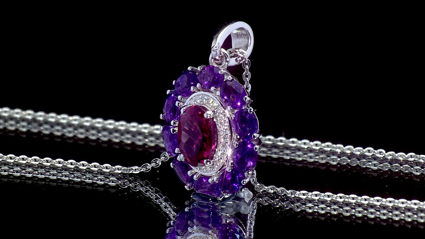 D'Joy Premium Orissa Rhodolite Garnet and Multi Gemstone 3.25 ctw Velvet Blossom Pendant Necklace in Rhodium Over Sterling Silver 20 Inches