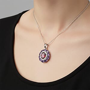 D'Joy Premium Orissa Rhodolite Garnet and Multi Gemstone 3.25 ctw Velvet Blossom Pendant Necklace in Rhodium Over Sterling Silver 20 Inches 