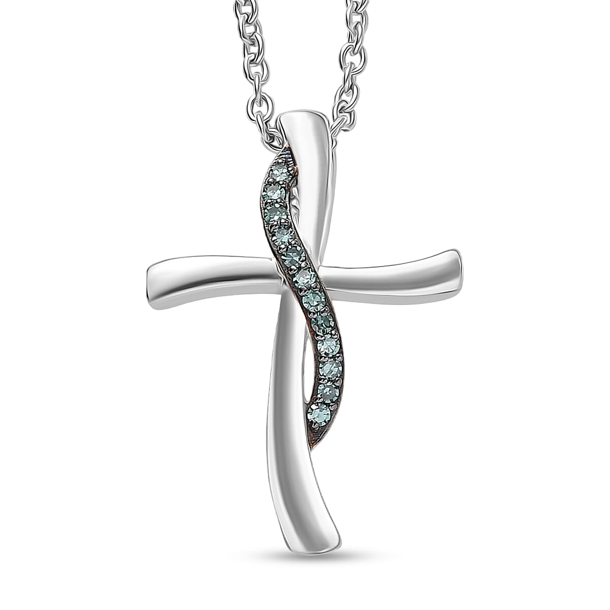 EverTrue Lab Grown Green Diamond (IR) (SI) Green Promise Cross Pendant in Platinum Bond with Stainless Steel Necklace (20 Inches) 0.10 ctw