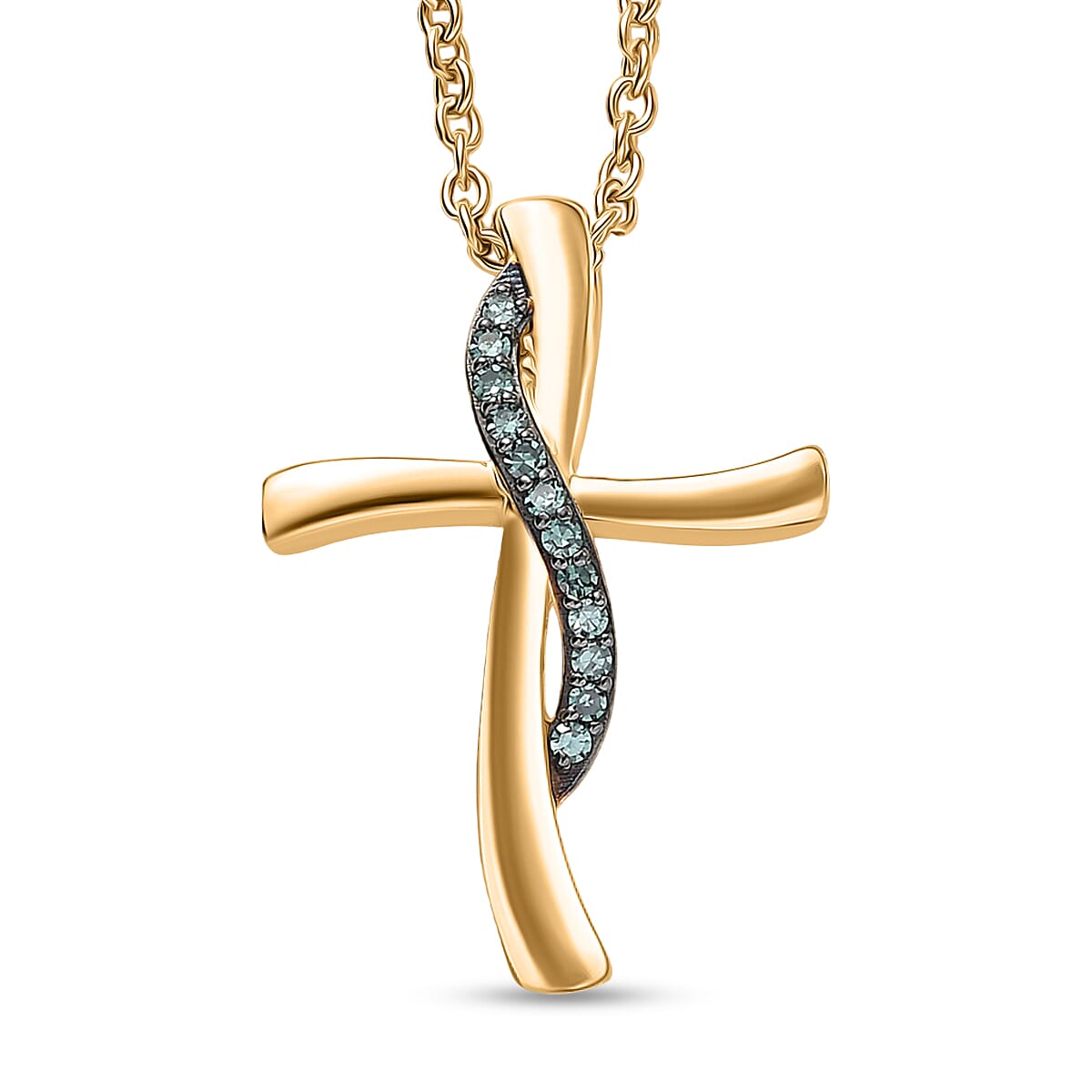EverTrue Lab Grown Green Diamond SI 0.10 ctw Green Promise Cross Pendant in 18K YG Plated with ION Plated YG Stainless Steel Necklace 20 Inches