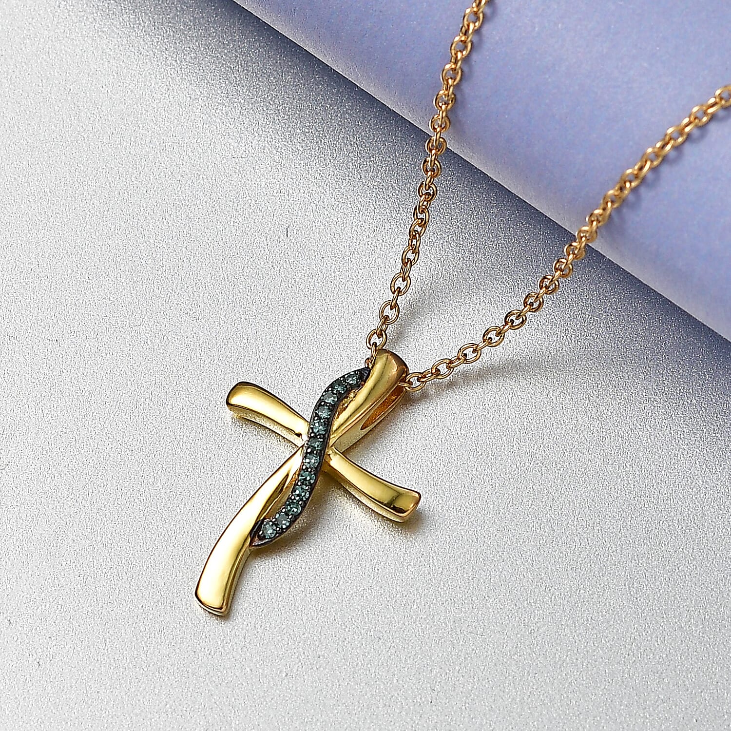 EverTrue Lab Grown Green Diamond SI 0.10 ctw Green Promise Cross Pendant in 18K YG Plated with ION Plated YG Stainless Steel Necklace 20 Inches