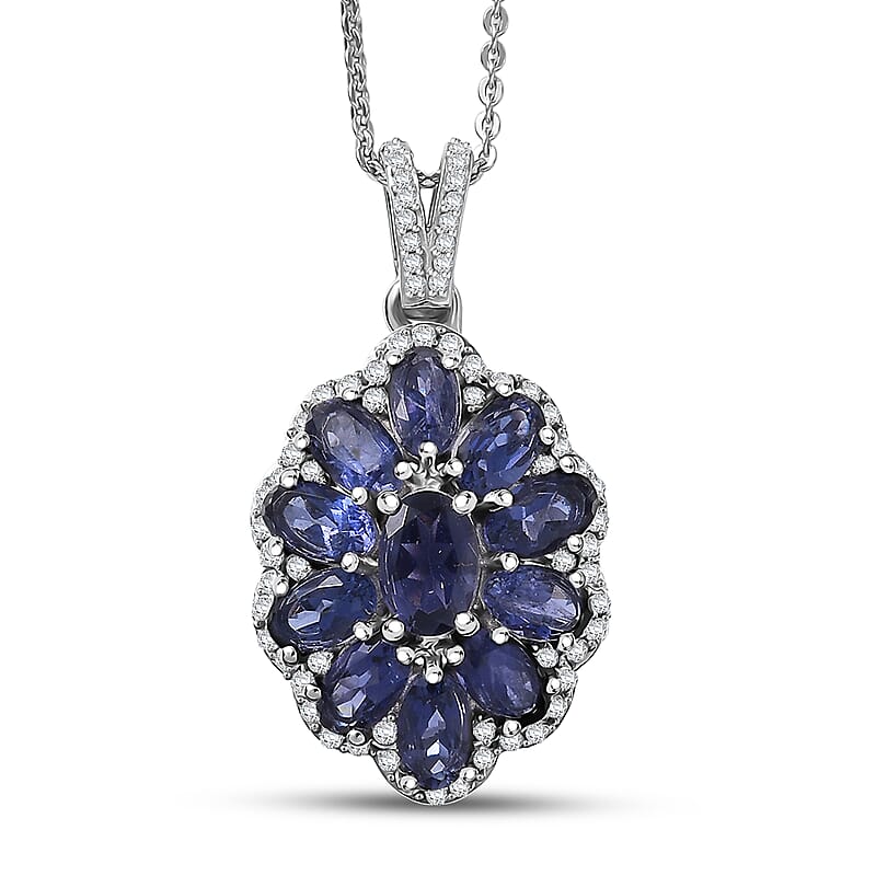 D'Joy Premium Catalina Iolite and Moissanite 2.85 ctw Floral Pendant Necklace in Rhodium Over Sterling Silver 20 Inches