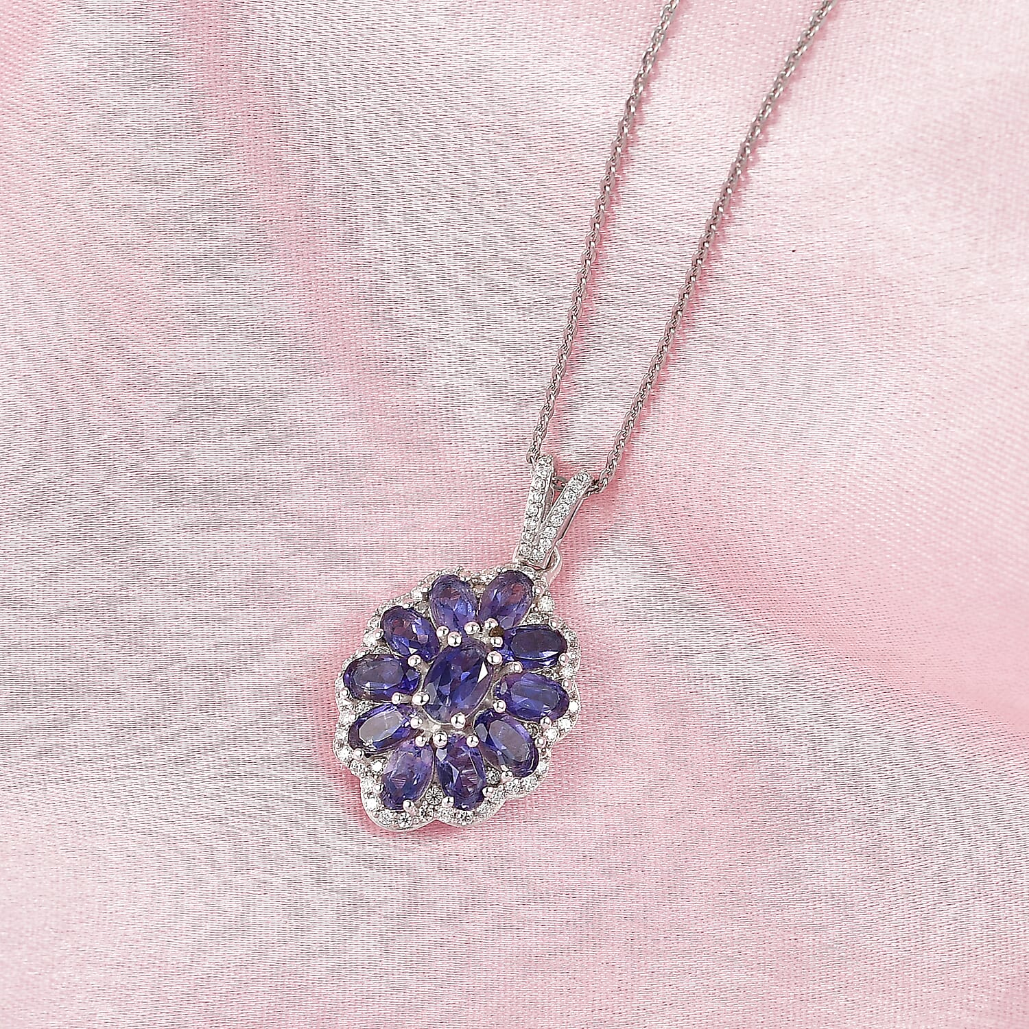 D'Joy Premium Catalina Iolite and Moissanite 2.85 ctw Floral Pendant Necklace in Rhodium Over Sterling Silver 20 Inches 
