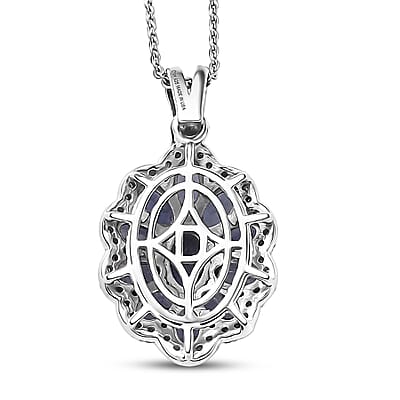 D'Joy Premium Catalina Iolite and Moissanite 2.85 ctw Floral Pendant Necklace in Rhodium Over Sterling Silver 20 Inches