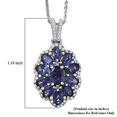 D'Joy Premium Catalina Iolite and Moissanite 2.85 ctw Floral Pendant Necklace in Rhodium Over Sterling Silver 20 Inches