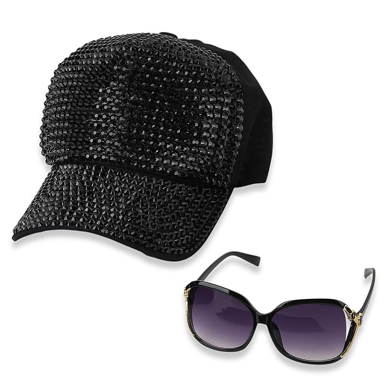 La Marey Gradient Black Gray UV400 Sunglasses and Black Color Resin Crystal Hat