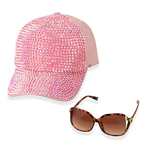 La Marey Gradient Tea Brown UV400 Sunglasses and Pink Color Resin Crystal Hat