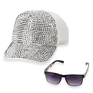 La Marey Zebra Print UV400 Sunglasses and Silver Color Resin Crystal Hat
