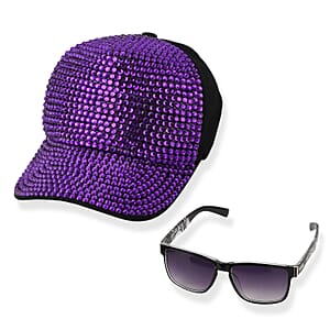 La Marey Zebra Print UV400 Sunglasses and Purple Color Resin Crystal Hat