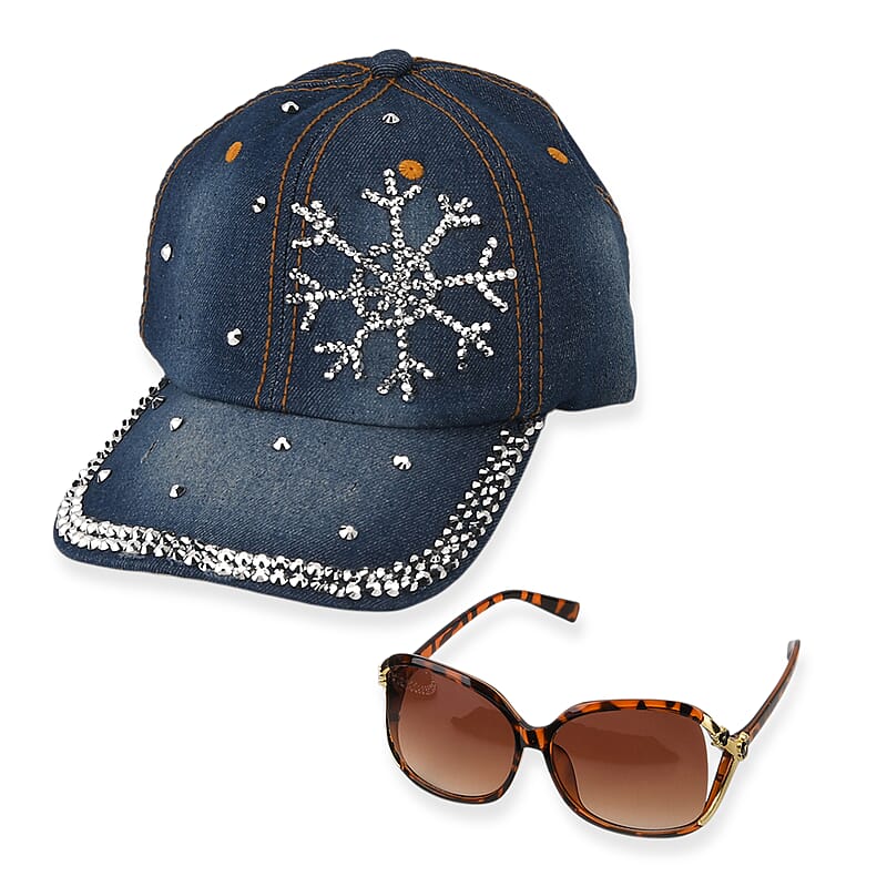 La Marey Gradient Tea Brown UV400 Sunglasses and Snowflake Design Resin Crystal Hat