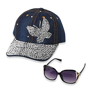 La Marey Gradient Black Gray UV400 Sunglasses and Butterfly Design Resin Crystal Hat