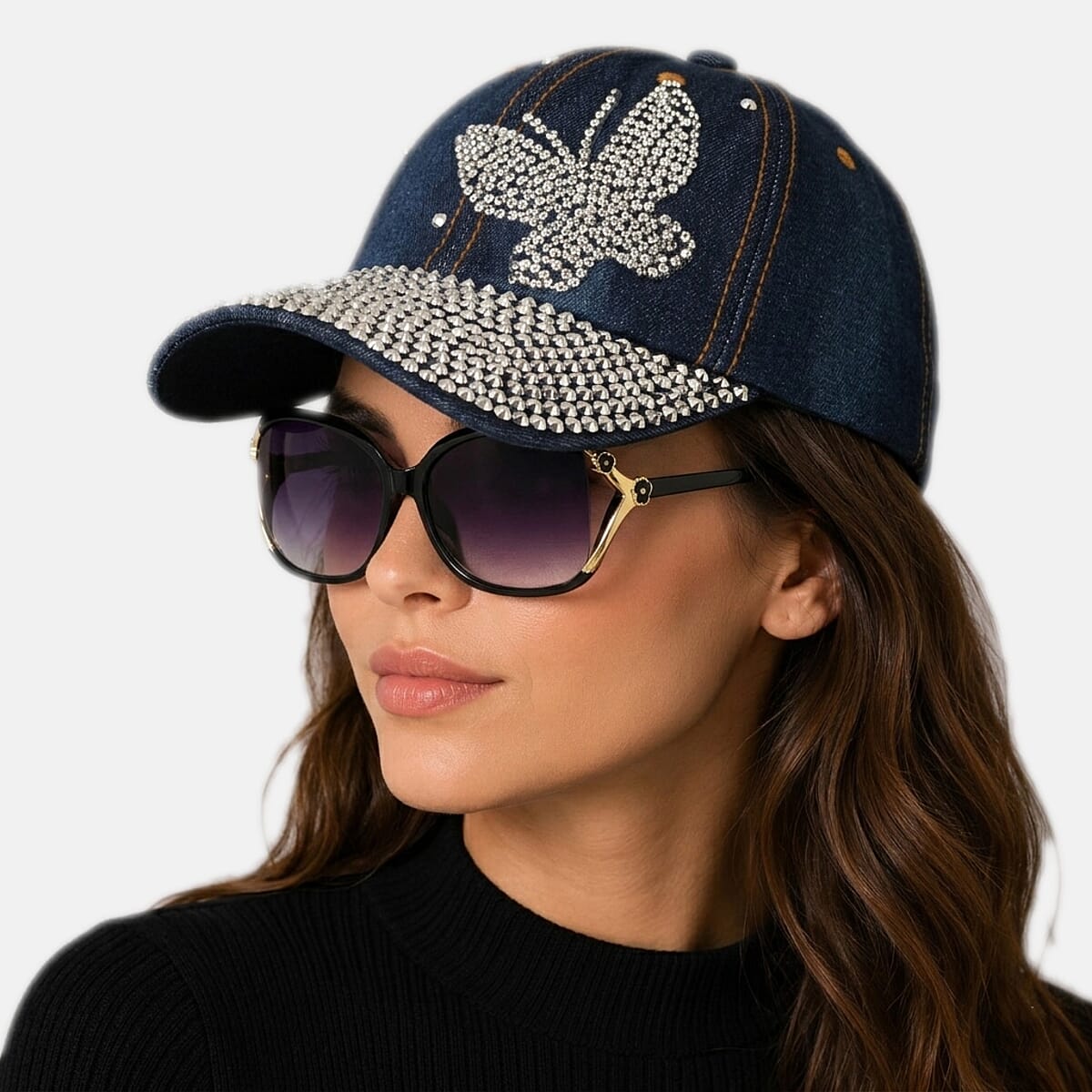 La Marey Gradient Black Gray UV400 Sunglasses and Butterfly Design Resin Crystal Hat image number 1