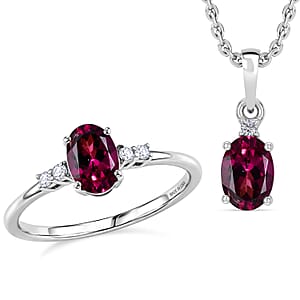 D'Joy Premium Orissa Rhodolite Garnet and Moissanite 2.15 ctw Box Set Ring (Size 5.0), Pendant Necklace 20 Inches in Rhodium Over Sterling Silver