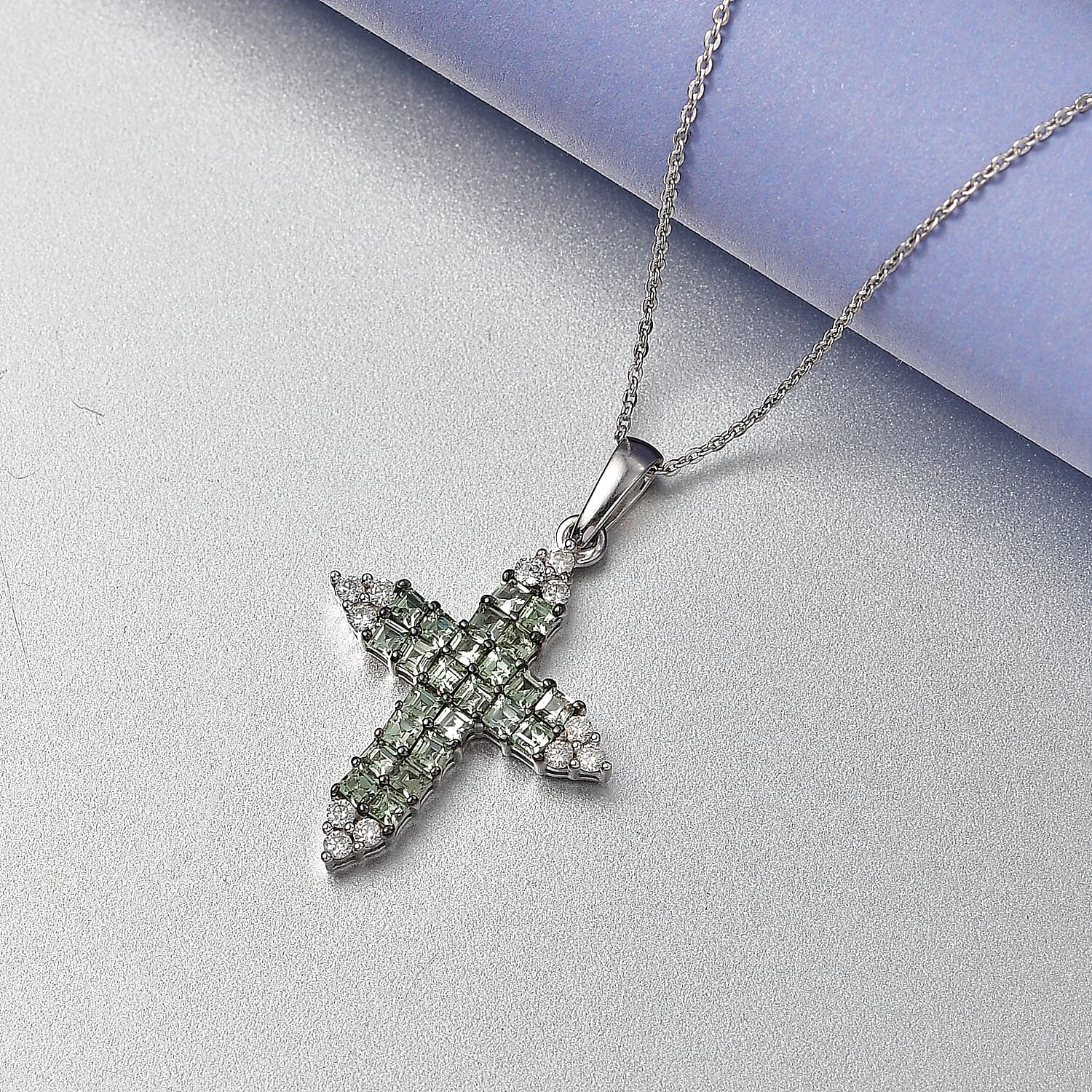 D'Joy Premium Green Sapphire and Moissanite 2.15 ctw Pendant Necklace in Rhodium Over Sterling Silver 20 Inches 