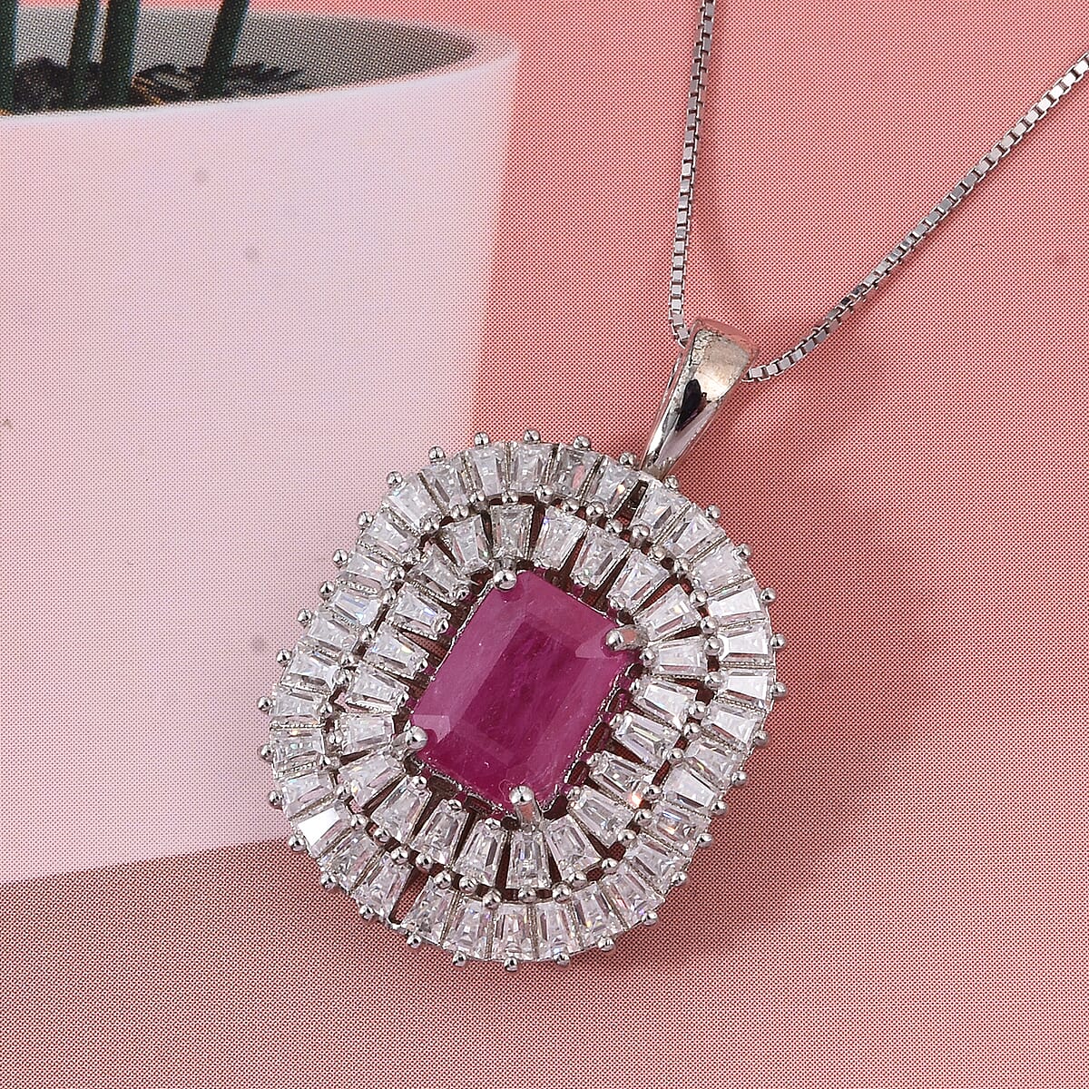 D'Joy AAA Royal Ruby and Moissanite 3.85 ctw Crimson Crown Pendant Necklace in Rhodium Over Sterling Silver (20 Inches) image number 1