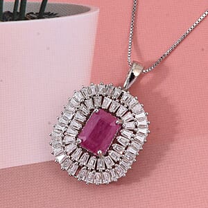 D'Joy AAA Royal Ruby and Moissanite 3.85 ctw Crimson Crown Pendant Necklace in Rhodium Over Sterling Silver (20 Inches)