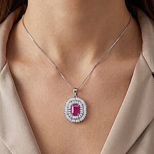 D'Joy AAA Royal Ruby and Moissanite 3.85 ctw Crimson Crown Pendant Necklace in Rhodium Over Sterling Silver (20 Inches)