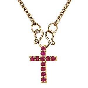 D'Joy Niassa Ruby (FF) 1.00 ctw Cross Pendant in 14K Yellow Gold Over Sterling Silver with Stainless Steel Necklace 20 Inches