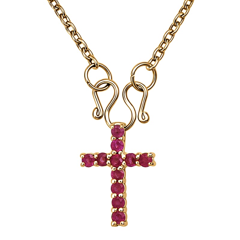 D'Joy Niassa Ruby (FF) 1.00 ctw Cross Pendant in 14K Yellow Gold Over Sterling Silver with Stainless Steel Necklace 20 Inches