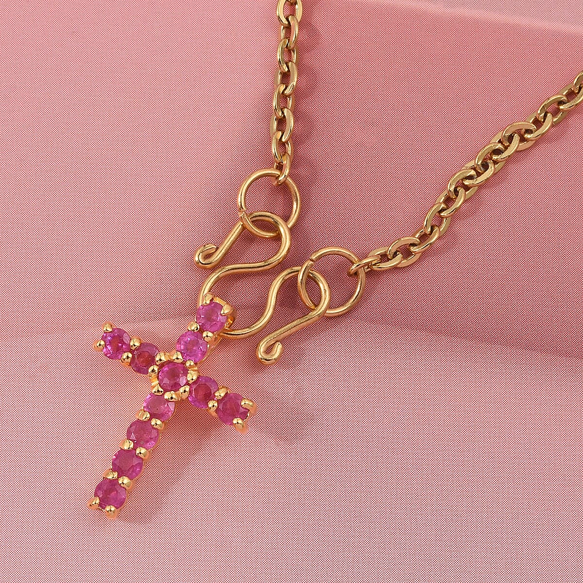 D'Joy Niassa Ruby (FF) 1.00 ctw Cross Pendant in 14K Yellow Gold Over Sterling Silver with Stainless Steel Necklace 20 Inches image number 1