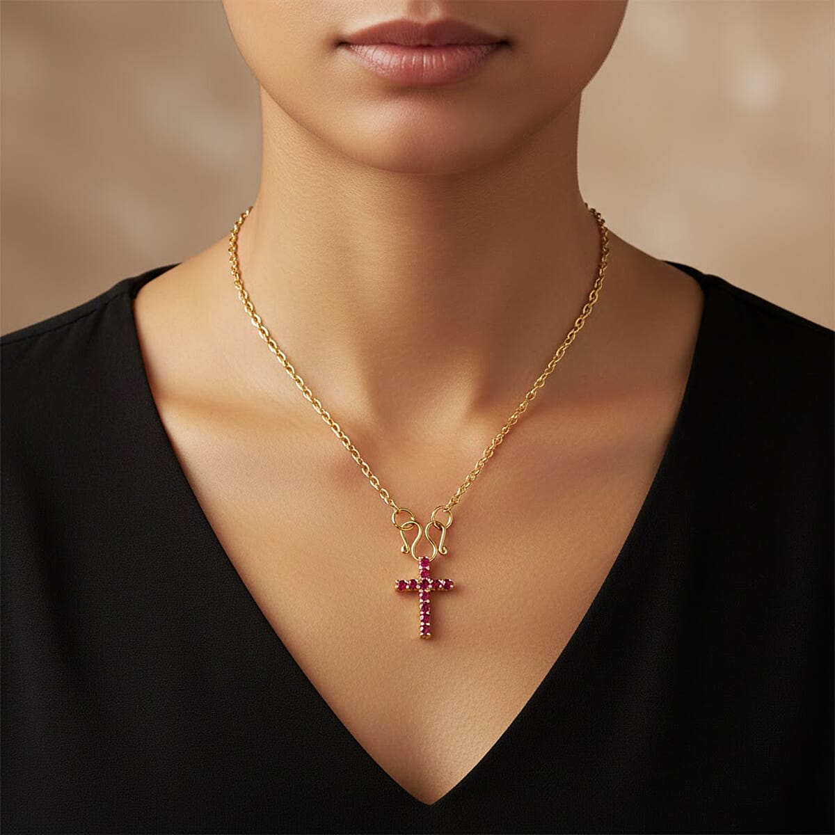 D'Joy Niassa Ruby (FF) 1.00 ctw Cross Pendant in 14K Yellow Gold Over Sterling Silver with Stainless Steel Necklace 20 Inches image number 2