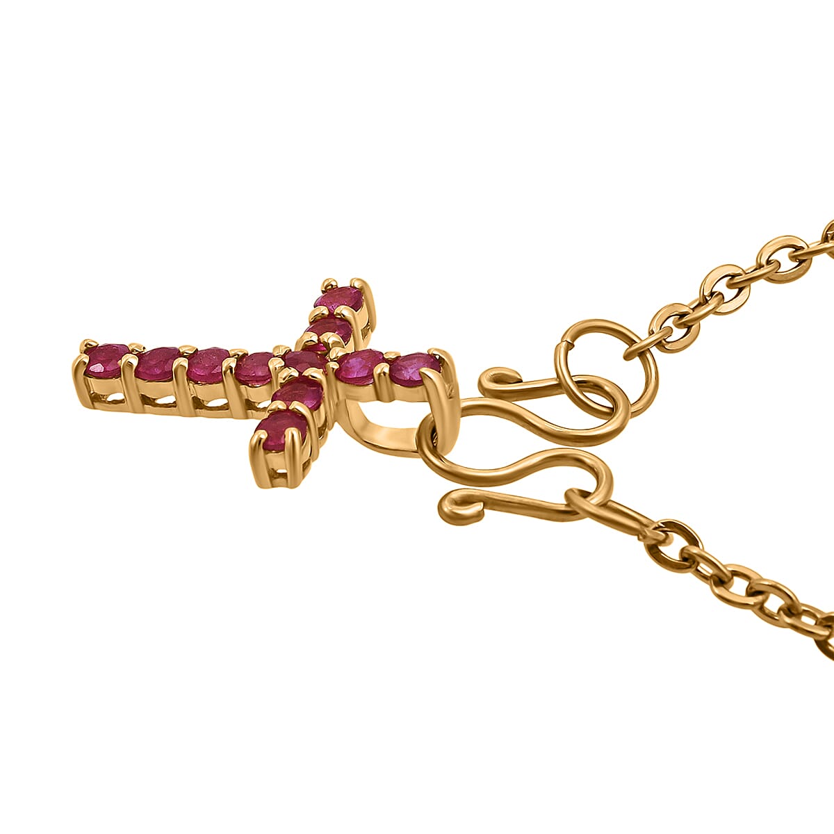 D'Joy Niassa Ruby (FF) 1.00 ctw Cross Pendant in 14K Yellow Gold Over Sterling Silver with Stainless Steel Necklace 20 Inches image number 3