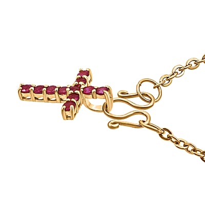 D'Joy Niassa Ruby (FF) 1.00 ctw Cross Pendant in 14K Yellow Gold Over Sterling Silver with Stainless Steel Necklace 20 Inches