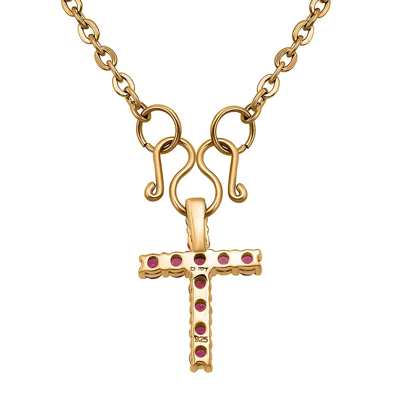 D'Joy Niassa Ruby (FF) 1.00 ctw Cross Pendant in 14K Yellow Gold Over Sterling Silver with Stainless Steel Necklace 20 Inches