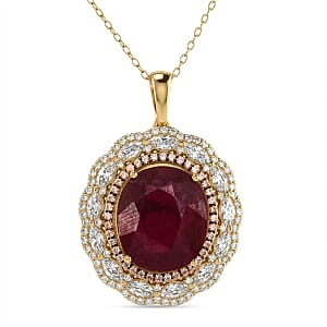 D'Joy Premium Niassa Ruby (FF), Champagne Zircon and White Zircon 15.15 ctw Regal Bloom Pendant Necklace in 18K Vermeil Yellow Gold Over Sterling Silver 20 Inches