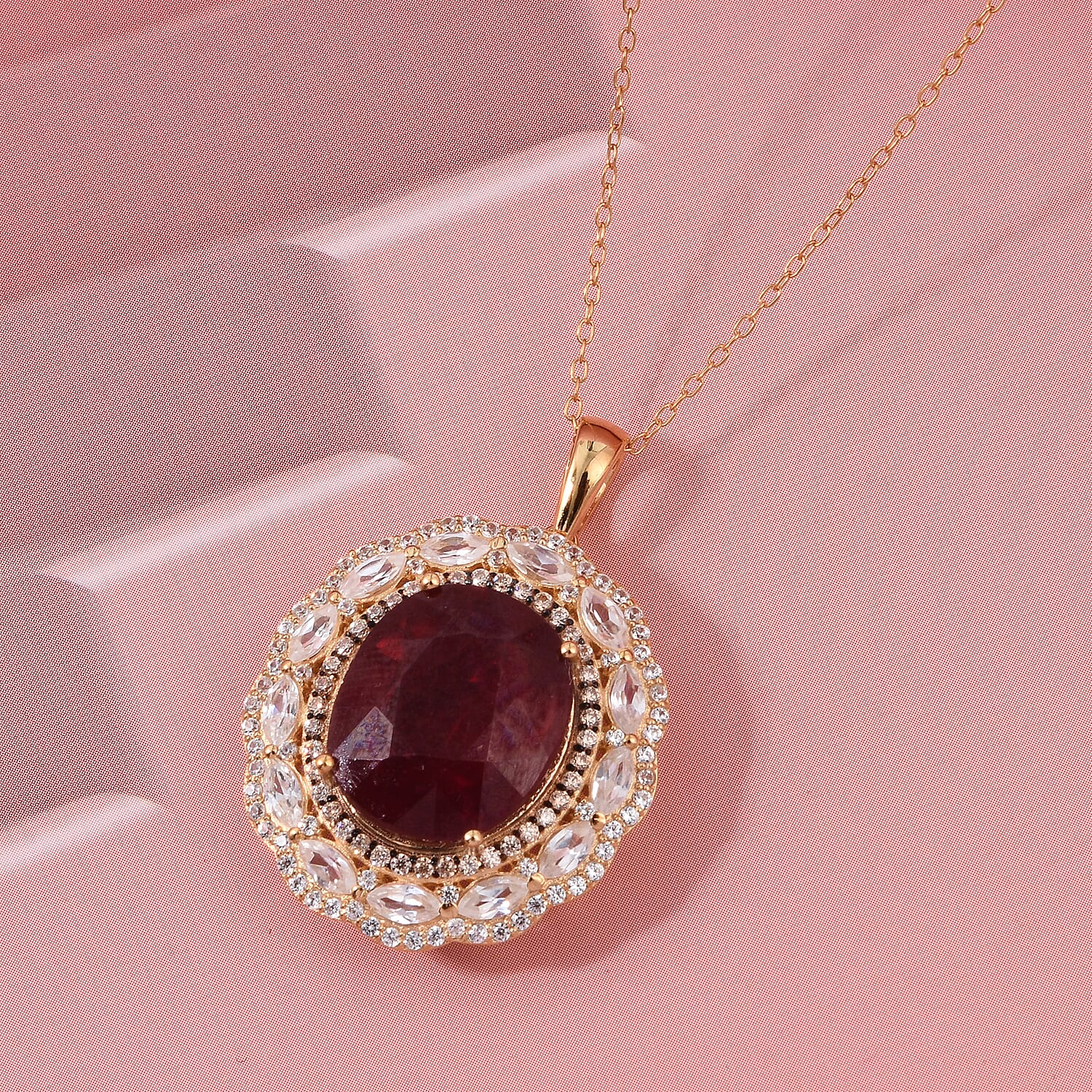 D'Joy Premium Niassa Ruby (FF), Champagne Zircon and White Zircon 15.15 ctw Regal Bloom Pendant Necklace in 18K Vermeil Yellow Gold Over Sterling Silver 20 Inches