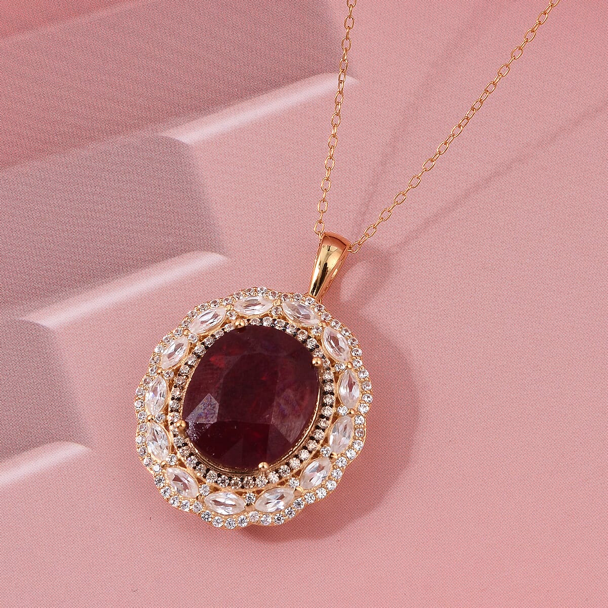 D'Joy Premium Niassa Ruby (FF), Champagne Zircon and White Zircon 15.15 ctw Regal Bloom Pendant Necklace in 18K Vermeil Yellow Gold Over Sterling Silver 20 Inches image number 1