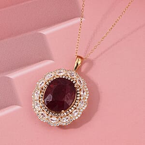 D'Joy Premium Niassa Ruby (FF), Champagne Zircon and White Zircon 15.15 ctw Regal Bloom Pendant Necklace in 18K Vermeil Yellow Gold Over Sterling Silver 20 Inches