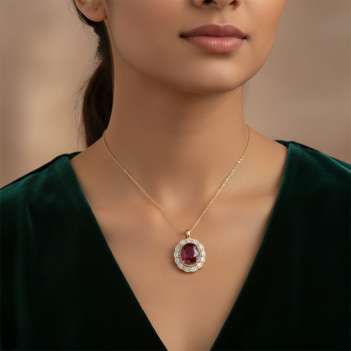 D'Joy Premium Niassa Ruby (FF), Champagne Zircon and White Zircon 15.15 ctw Regal Bloom Pendant Necklace in 18K Vermeil Yellow Gold Over Sterling Silver 20 Inches image number 2