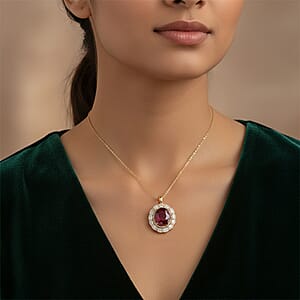 D'Joy Premium Niassa Ruby (FF), Champagne Zircon and White Zircon 15.15 ctw Regal Bloom Pendant Necklace in 18K Vermeil Yellow Gold Over Sterling Silver 20 Inches