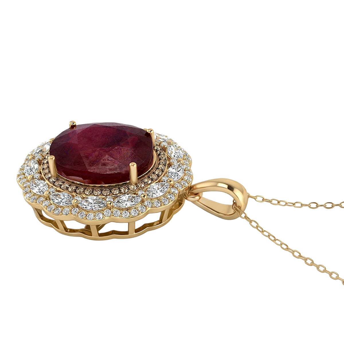 D'Joy Premium Niassa Ruby (FF), Champagne Zircon and White Zircon 15.15 ctw Regal Bloom Pendant Necklace in 18K Vermeil Yellow Gold Over Sterling Silver 20 Inches image number 3