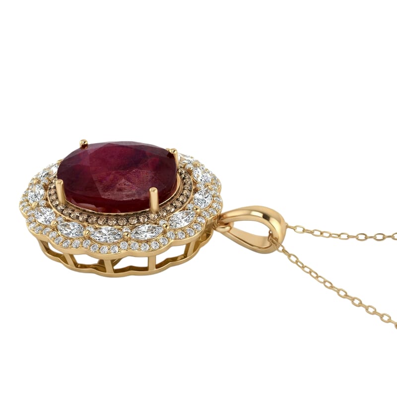 D'Joy Premium Niassa Ruby (FF), Champagne Zircon and White Zircon 15.15 ctw Regal Bloom Pendant Necklace in 18K Vermeil Yellow Gold Over Sterling Silver 20 Inches