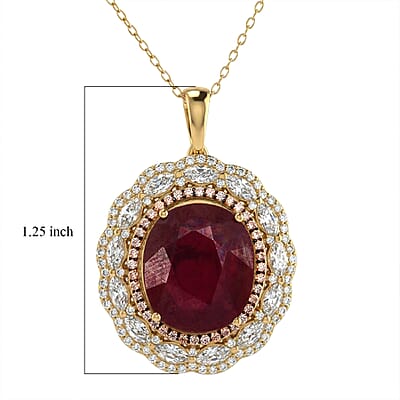 D'Joy Premium Niassa Ruby (FF), Champagne Zircon and White Zircon 15.15 ctw Regal Bloom Pendant Necklace in 18K Vermeil Yellow Gold Over Sterling Silver 20 Inches