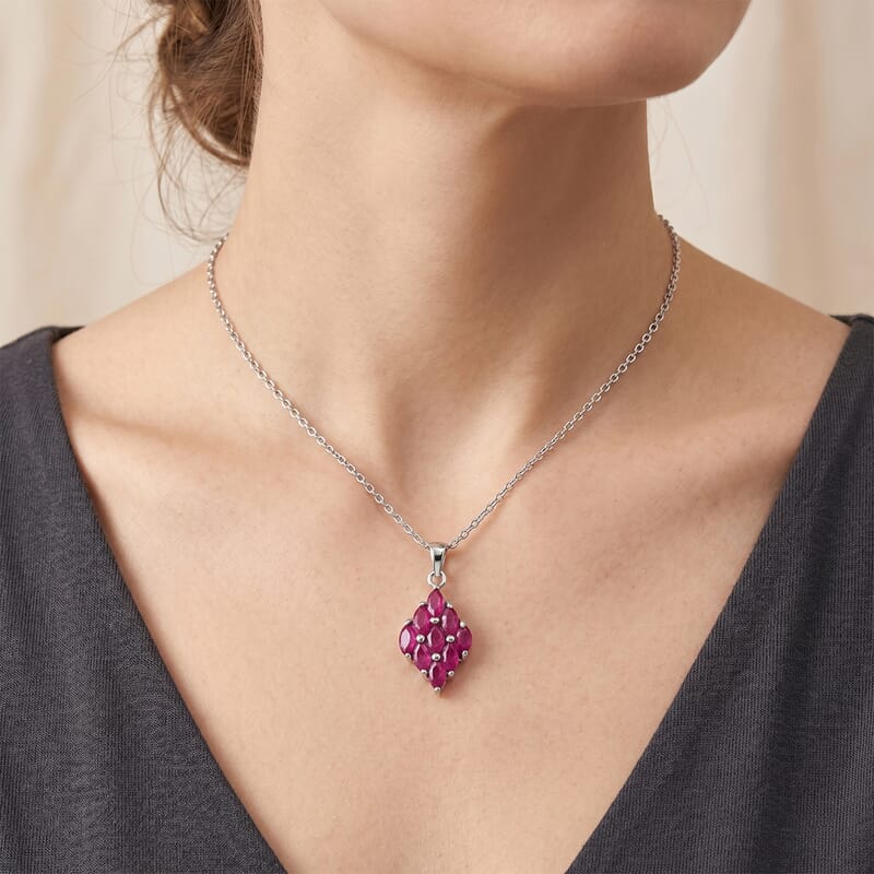 D'Joy Premium Niassa Ruby (FF) 1.90 ctw Flame Pendant Necklace in Rhodium Over Sterling Silver 20 Inches