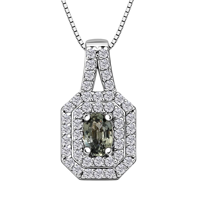 D'Joy Premium Australian Sapphire and White Zircon 1.30 ctw Velvet Eclipse Pendant Necklace in Rhodium Over Sterling Silver 20 Inches